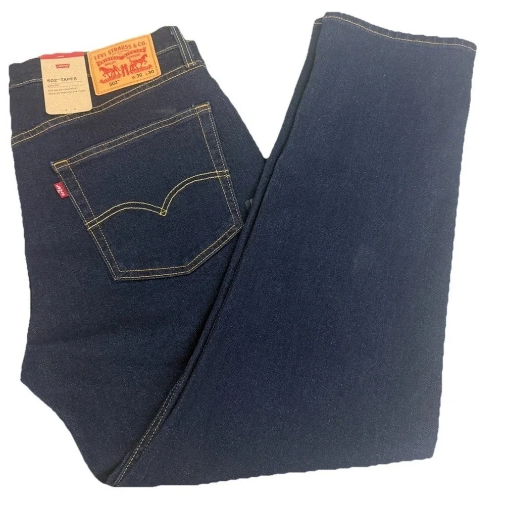 Levis‎ 502 Men's Taper Jeans Stretch Blue Dark Wash Denim 36x30 Work Cowboy New